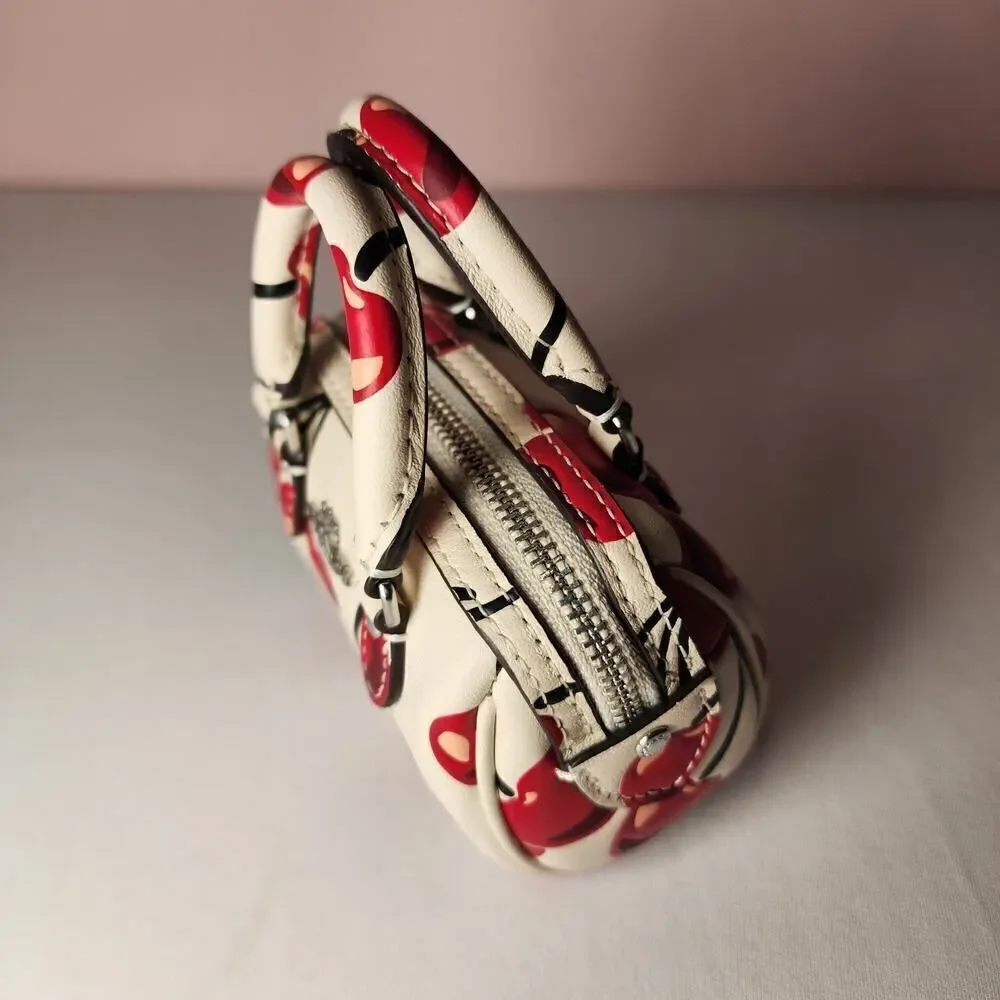 NWT Coach CZ082 Mini Rowan Bag Charm Chalk w/Red Cherry Print Leather